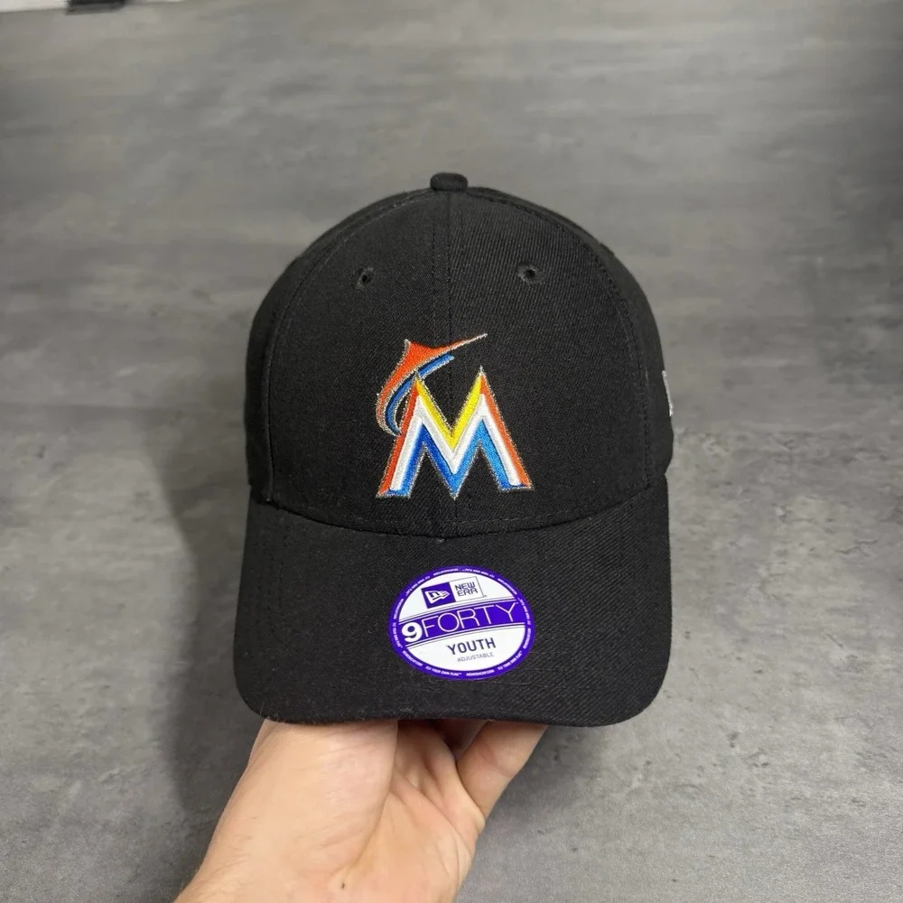 Miami Marlins Hat New‎ Era Cap Black Youth Kids 9Forty Adjustable Strapback MLB